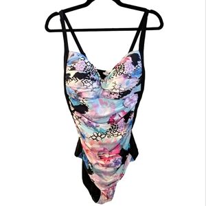 Romenza Targo One-Piece Abstract Floral & Black Ruched Front Swimsuit Sze 12